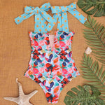 Red, Coral, Light Blue Shoulder Strappy Swimsuit Print Swimwear