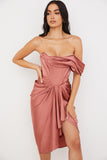 Silky Satin Off Shoulder Ruched Bodycon Midi Corset Dress