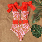 Red, Coral, Light Blue Shoulder Strappy Swimsuit Print Swimwear