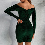 Long Sleeve Ruched Bodycon Velvet Mini Dress