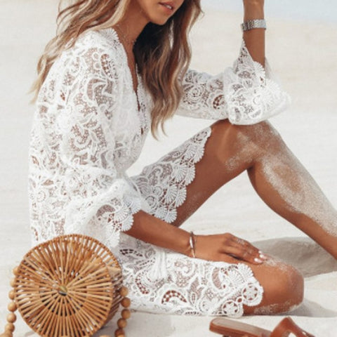White Crochet Beach Floral Mini Dress