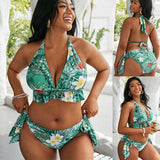 Plus Size Tropical Print Neck Cross Bikini