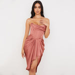 Silky Satin Off Shoulder Ruched Bodycon Midi Corset Dress