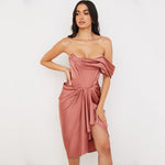 Silky Satin Off Shoulder Ruched Bodycon Midi Corset Dress