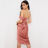 Silky Satin Off Shoulder Ruched Bodycon Midi Corset Dress