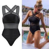 Black Striped One Piece Bandage Swimsuit