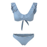 Striped Ruffle Trim Knot Back Bikini Swimsuit