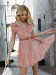 Polka Dot Ruffle A Line V Neck Tulle Dress