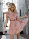 Polka Dot Ruffle A Line V Neck Tulle Dress