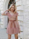 Polka Dot Ruffle A Line V Neck Tulle Dress