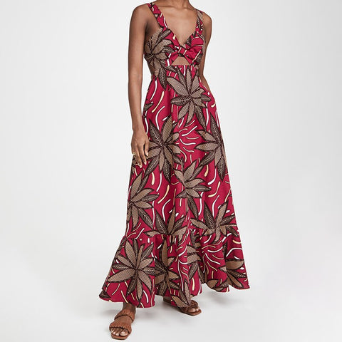 Tropical Print Bowknot Cutout Beach Vacation Maxi Dress