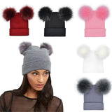 Women Double Faux Fur Pom Pom Hat