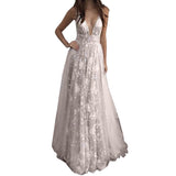 A-Line V Neck Floor Length Tulle Sleeveless With Applique Dresses