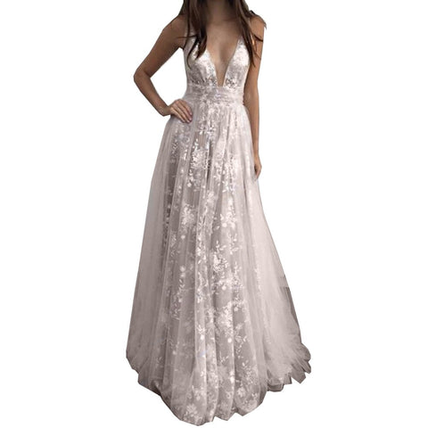A-Line V Neck Floor Length Tulle Sleeveless With Applique Dresses
