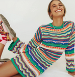 Rainbow Striped Long Sleeve Crochet Sweater Mini Dress