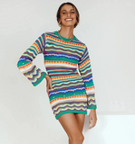 Rainbow Striped Long Sleeve Crochet Sweater Mini Dress