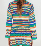 Rainbow Striped Long Sleeve Crochet Sweater Mini Dress