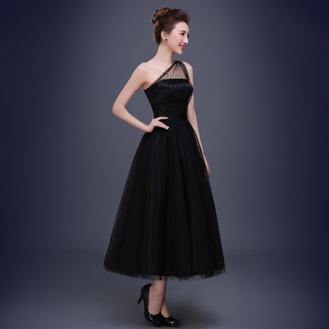 Women's Tea Length Short Prom Dress Black Tulle Formal Party Evening Gown