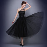 Women's Tea Length Short Prom Dress Black Tulle Formal Party Evening Gown