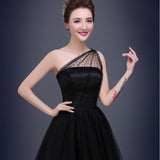 Women's Tea Length Short Prom Dress Black Tulle Formal Party Evening Gown