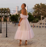 Pearl Pink Dress Tea Length A Line Tulle Ruffles