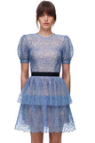 Sparkly Sequin Floral French Mesh Ruffle Tiered Formal Blue Dress