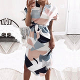 Notched Nec Geo Print Belted Classy Dress