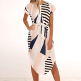 Notched Nec Geo Print Belted Classy Dress