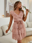 Polka Dot Ruffle A Line V Neck Tulle Dress