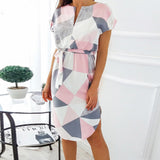 Notched Nec Geo Print Belted Classy Dress