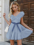 Polka Dot Ruffle A Line V Neck Tulle Dress