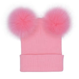 Women Double Faux Fur Pom Pom Hat