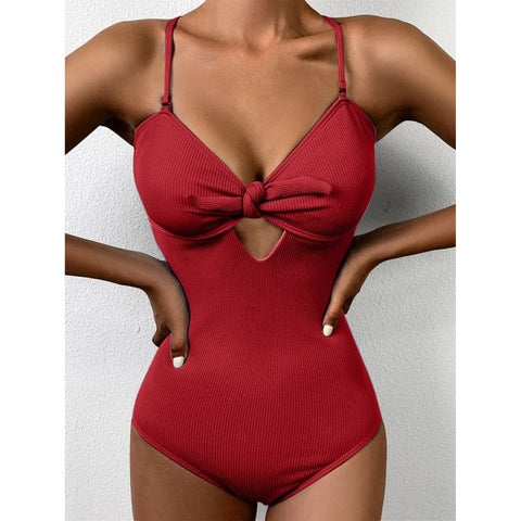 Knot Front Cut-out One Piece Ribbed Swimsuit