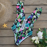 Flower Print Ruffle Shoulder Open Back Swimsuit