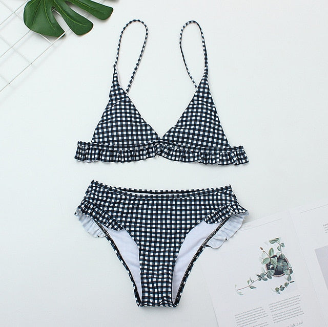 Gingham Ruffle Trim Triangle Bikini Two Piece Swimsuit, L / Black