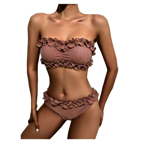 Champagne Pink Ruffled Bandeau Bikini