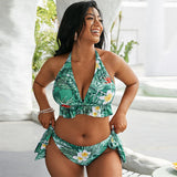 Plus Size Tropical Print Neck Cross Bikini